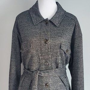 Tweed Style Shacket Button Down Belted Heathered Grey Knit Pockets Cuffs